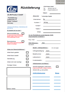 Begleitschein zur Warenrücklieferung