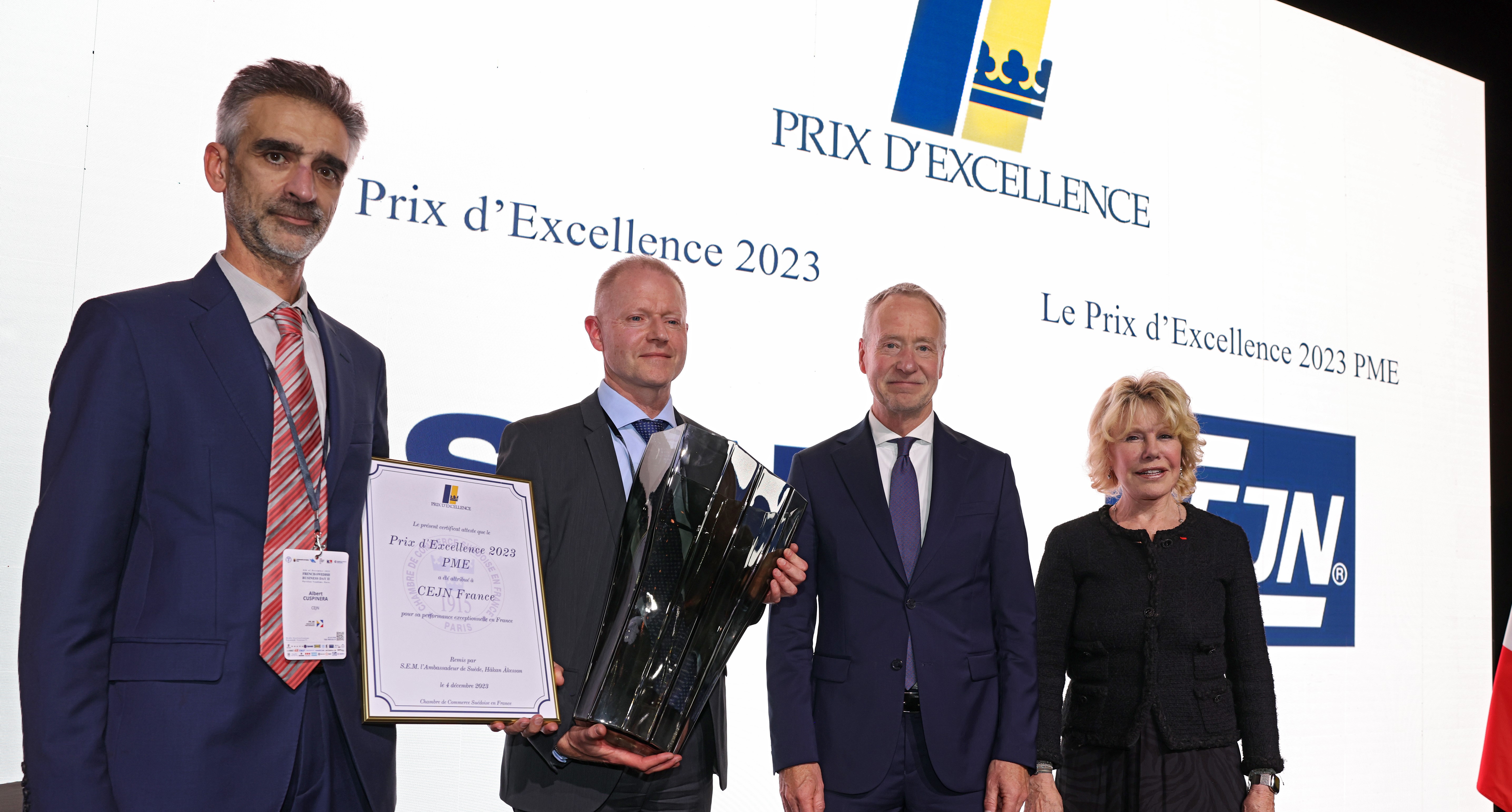 Image de gauche &agrave; droite : Albert Cuspinera CEO CEJN France, Marcus Allerbjer Managing director CEJN Group, H&aring;kan &Aring;kesson Ambassadeur de Su&egrave;de en France, Gita Paterson Pr&eacute;sidente de la chambre de commerce Su&eacute;doise en France
