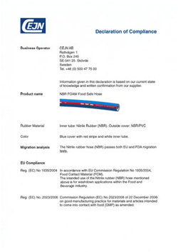 NBR foam hose - Declaration of Compliance