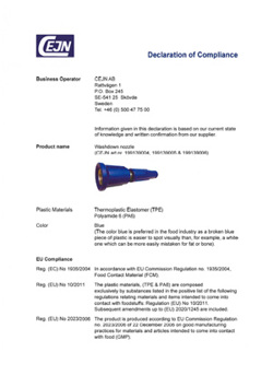Washdown Nozzle - Declaration of Compliance
