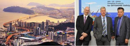 Busan, Corea. A la derecha: John Woollett, director de producción de los kits de manguera de altísima presión en CEJN AB; Roy Eriksson, director de división en CEJN AB; Kim Jin-Baek, director ejecutivo de CEJN Corea.