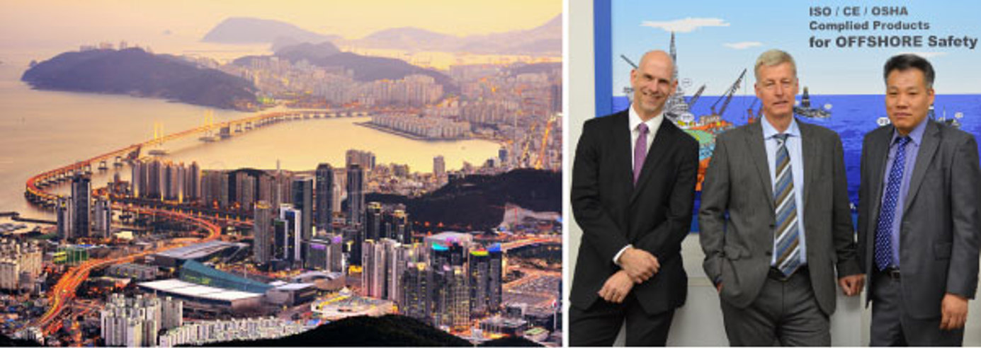 Busan, Corea. A la derecha: John Woollett, director de producción de los kits de manguera de altísima presión en CEJN AB; Roy Eriksson, director de división en CEJN AB; Kim Jin-Baek, director ejecutivo de CEJN Corea.